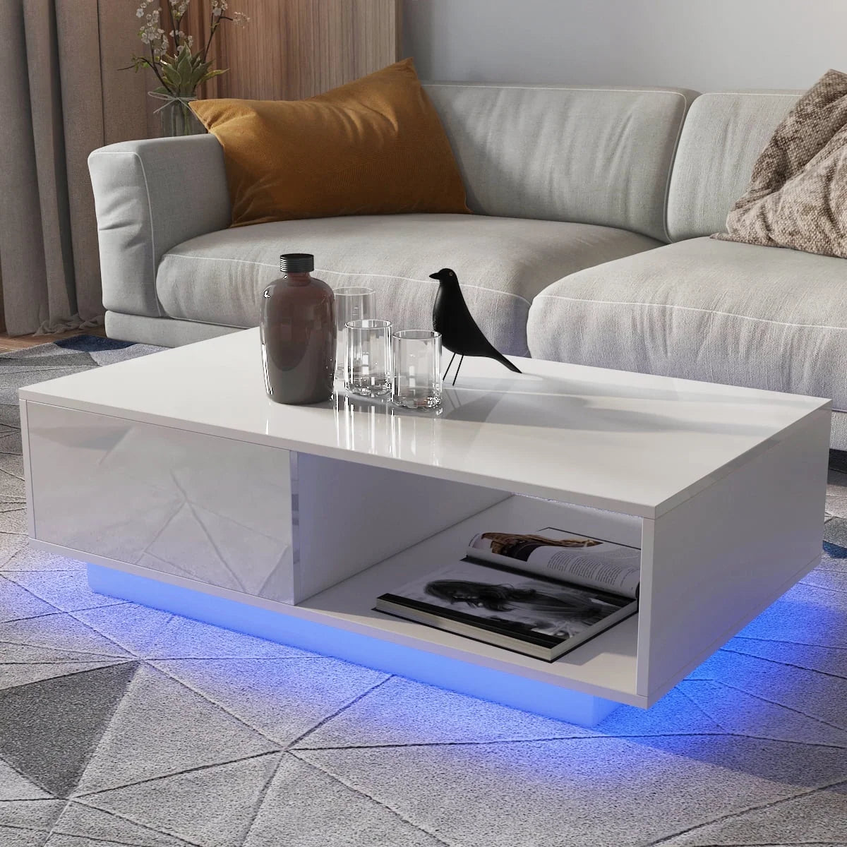 Coffee Table with 2 Drawers Open Shelf LED Center Cocktail Table White High Gloss Finish