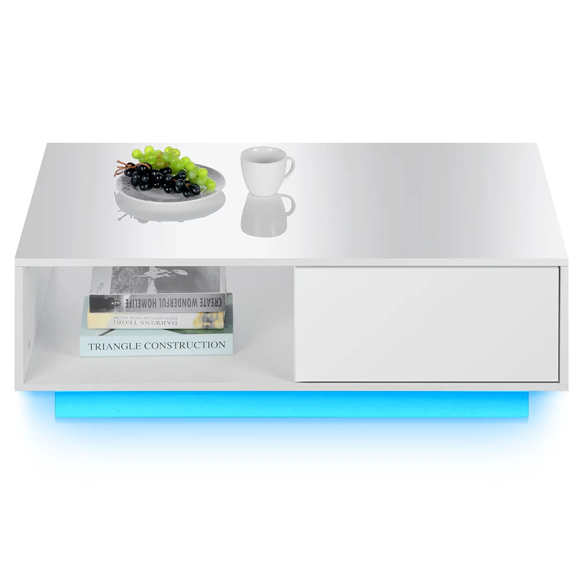 Coffee Table with 2 Drawers Open Shelf LED Center Cocktail Table White High Gloss Finish