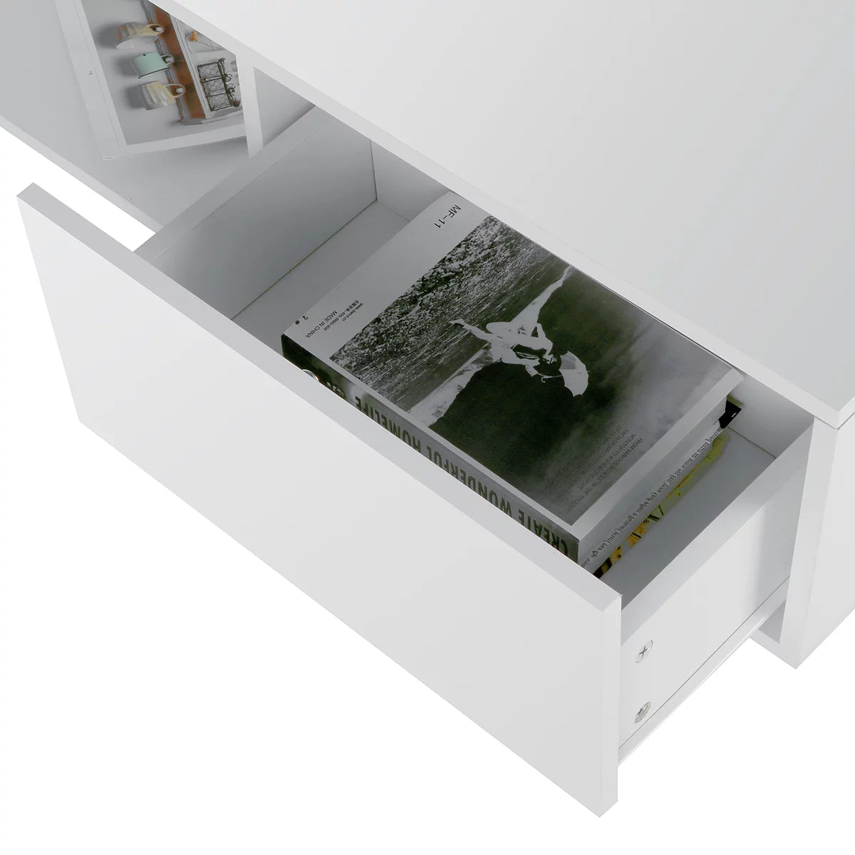 Coffee Table with 2 Drawers Open Shelf LED Center Cocktail Table White High Gloss Finish