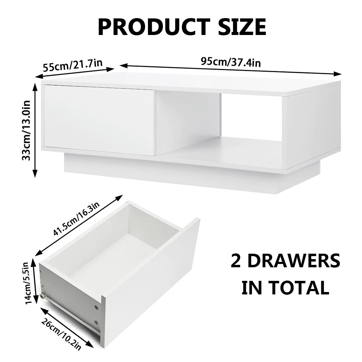 Coffee Table with 2 Drawers Open Shelf LED Center Cocktail Table White High Gloss Finish