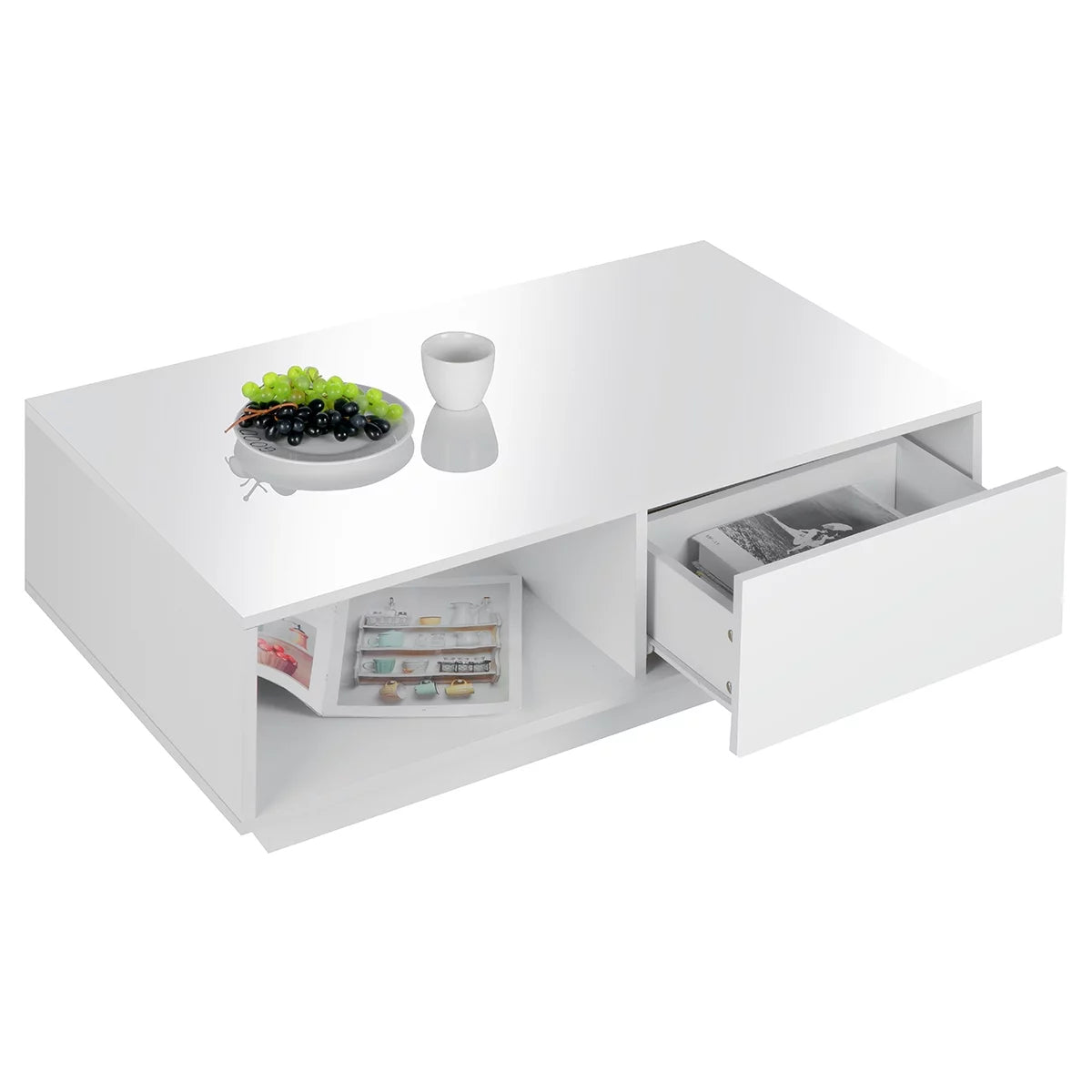 Coffee Table with 2 Drawers Open Shelf LED Center Cocktail Table White High Gloss Finish