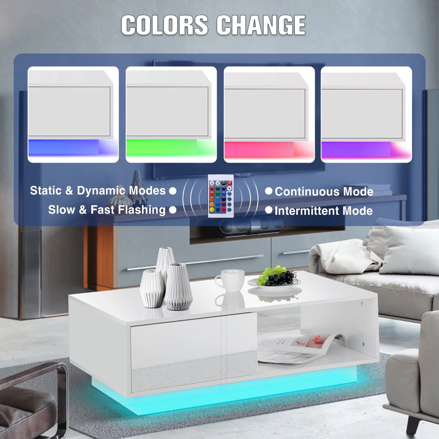Coffee Table with 2 Drawers Open Shelf LED Center Cocktail Table White High Gloss Finish