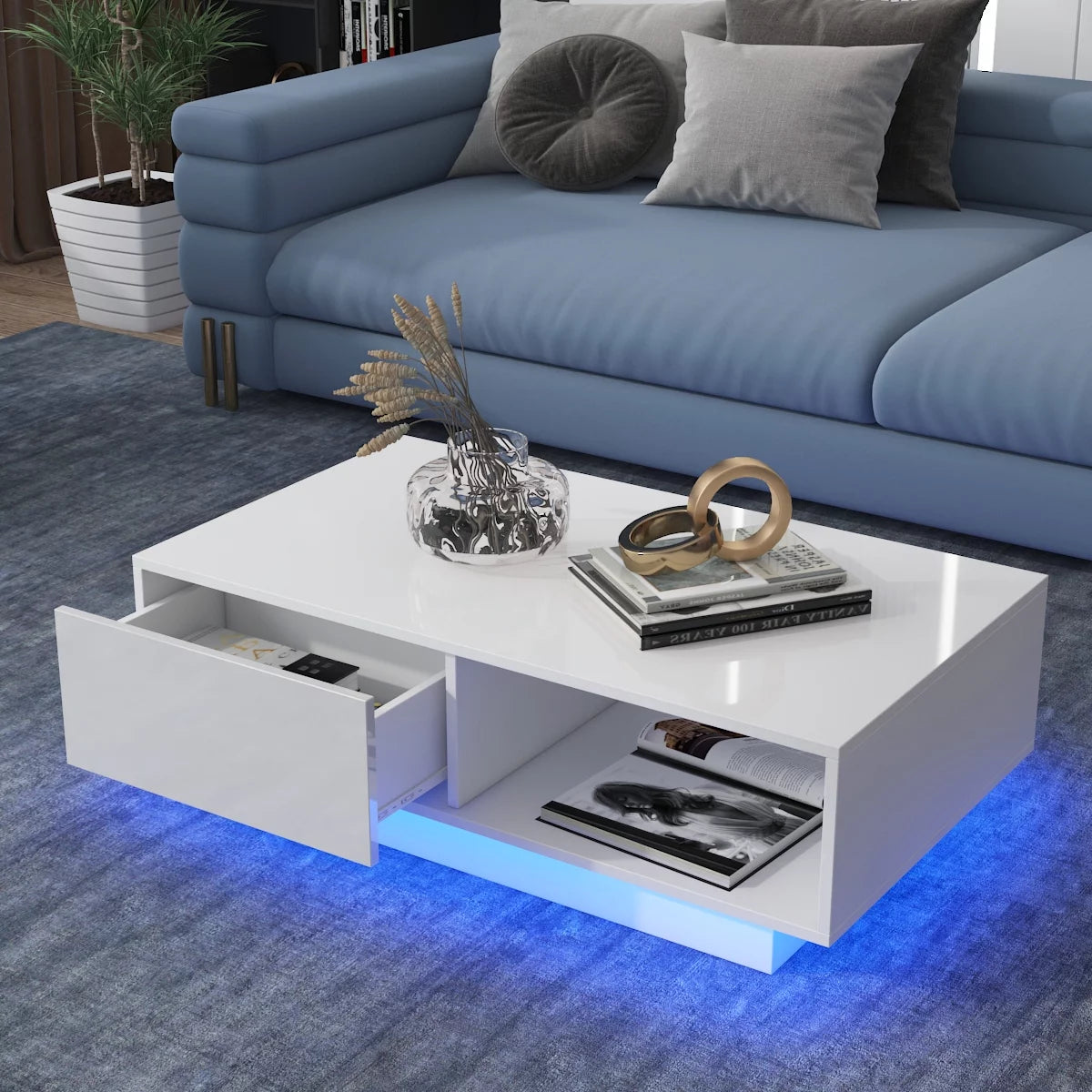 Coffee Table with 2 Drawers Open Shelf LED Center Cocktail Table White High Gloss Finish