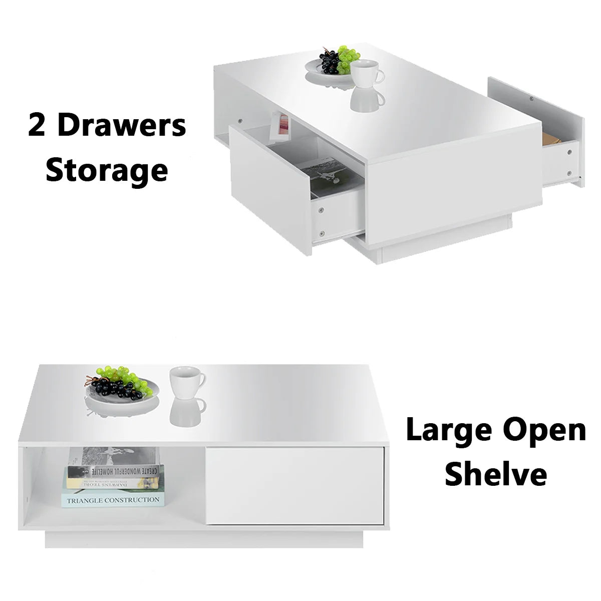 Coffee Table with 2 Drawers Open Shelf LED Center Cocktail Table White High Gloss Finish
