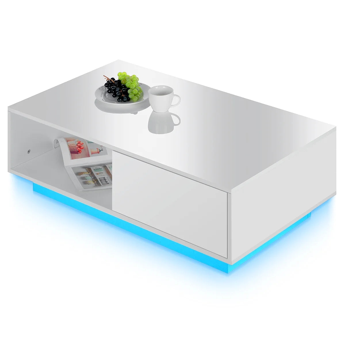 Coffee Table with 2 Drawers Open Shelf LED Center Cocktail Table White High Gloss Finish
