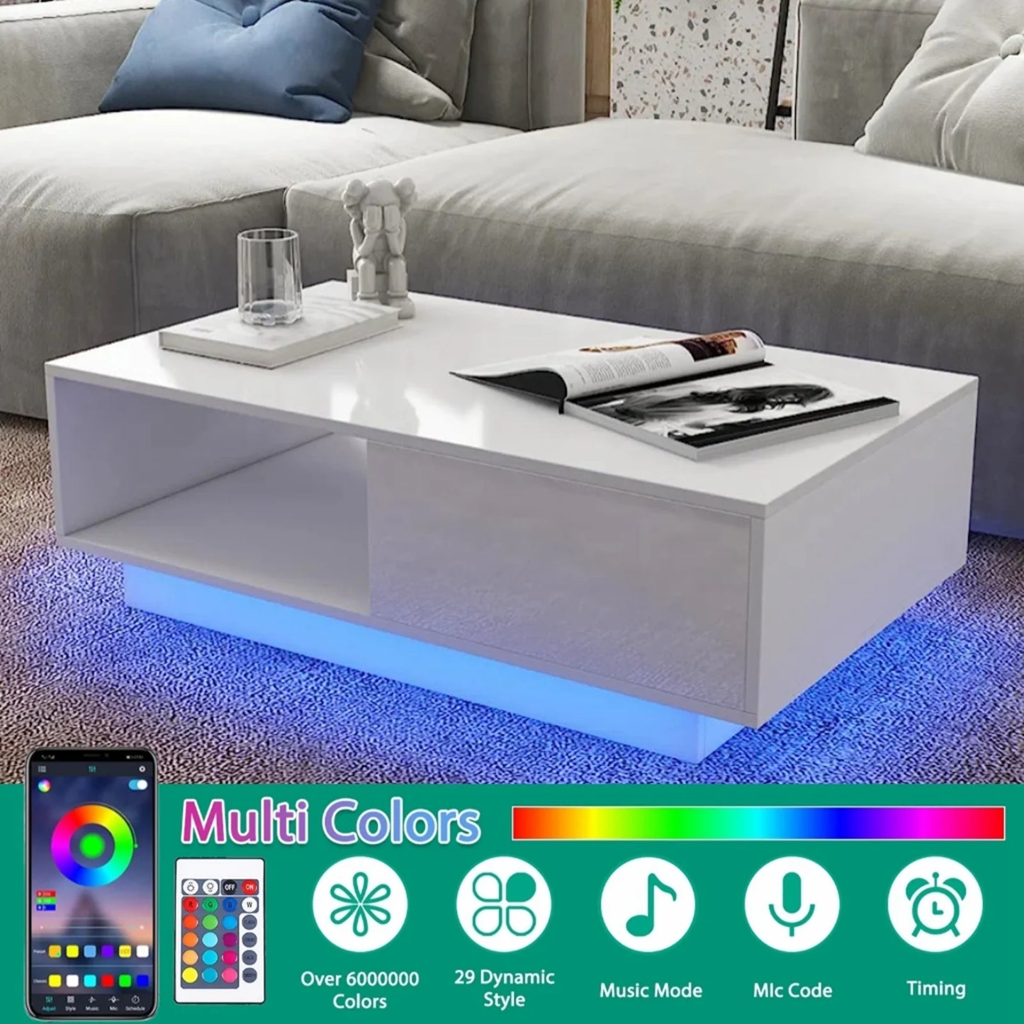 Coffee Table with 2 Drawers Open Shelf LED Center Cocktail Table White High Gloss Finish