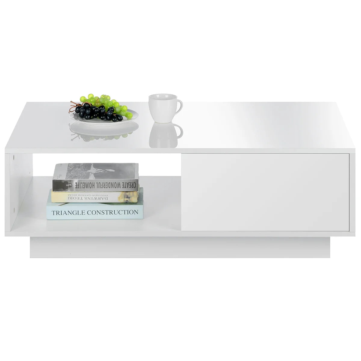 Coffee Table with 2 Drawers Open Shelf LED Center Cocktail Table White High Gloss Finish