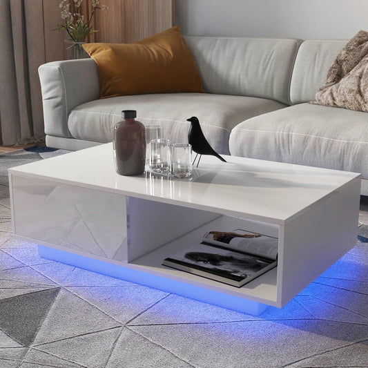 Coffee Table with 2 Drawers Open Shelf LED Center Cocktail Table White High Gloss Finish