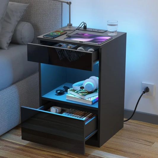 Open Shelf LED Nightstand with Charging Station 2 Drawers Bedside Table Black Night Stand with Storage Smart Nightstands